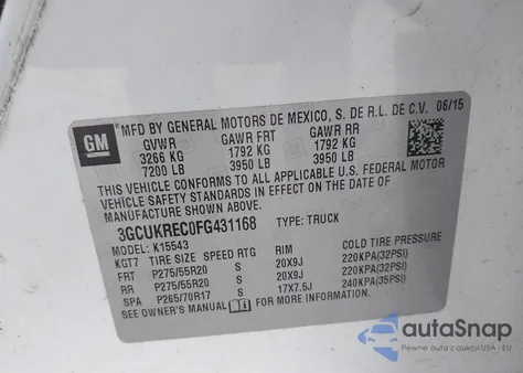 2015 Chevrolet Silverado 1500 1Lt z USA, uszkodzony, nr VIN 3GCUKREC0FG431168